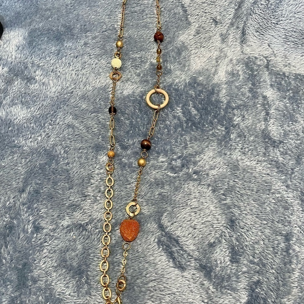 Bohemian Necklace Gold-tone With Cloth, Hand-carved Wooden Beads 23” Length - Picture 2 of 8